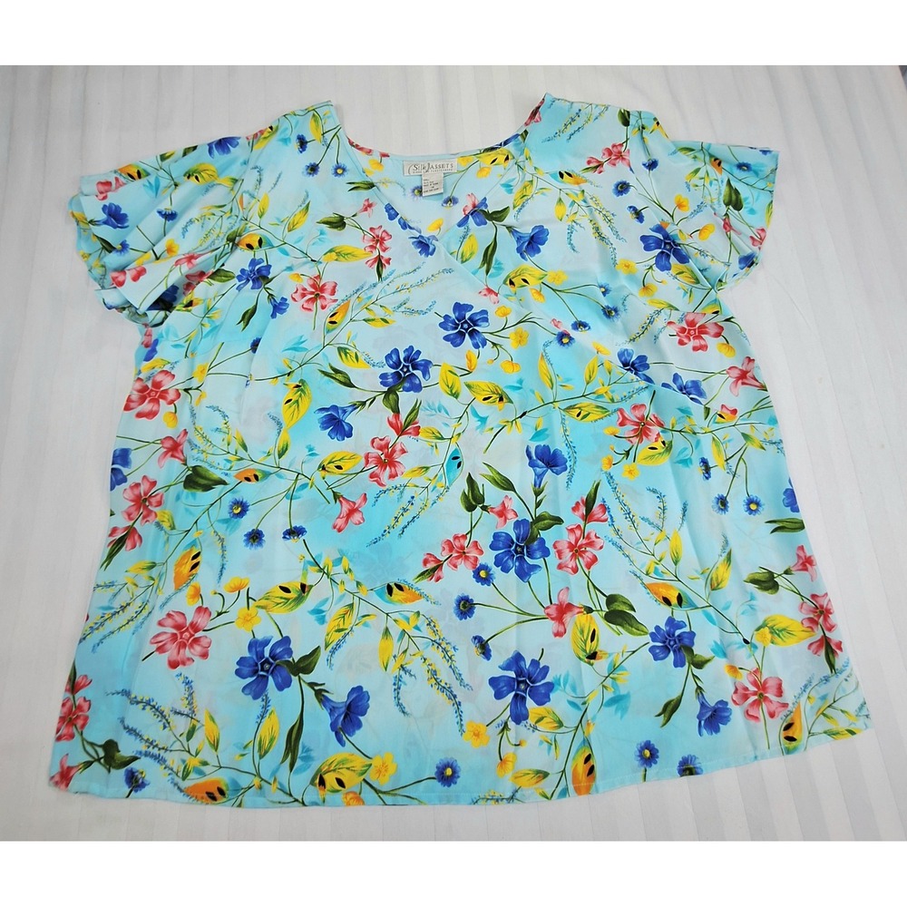 Silk‎ Assets Diane von Furstenberg 100% Silk Floral Flutter Sleeve Top Blue 1X